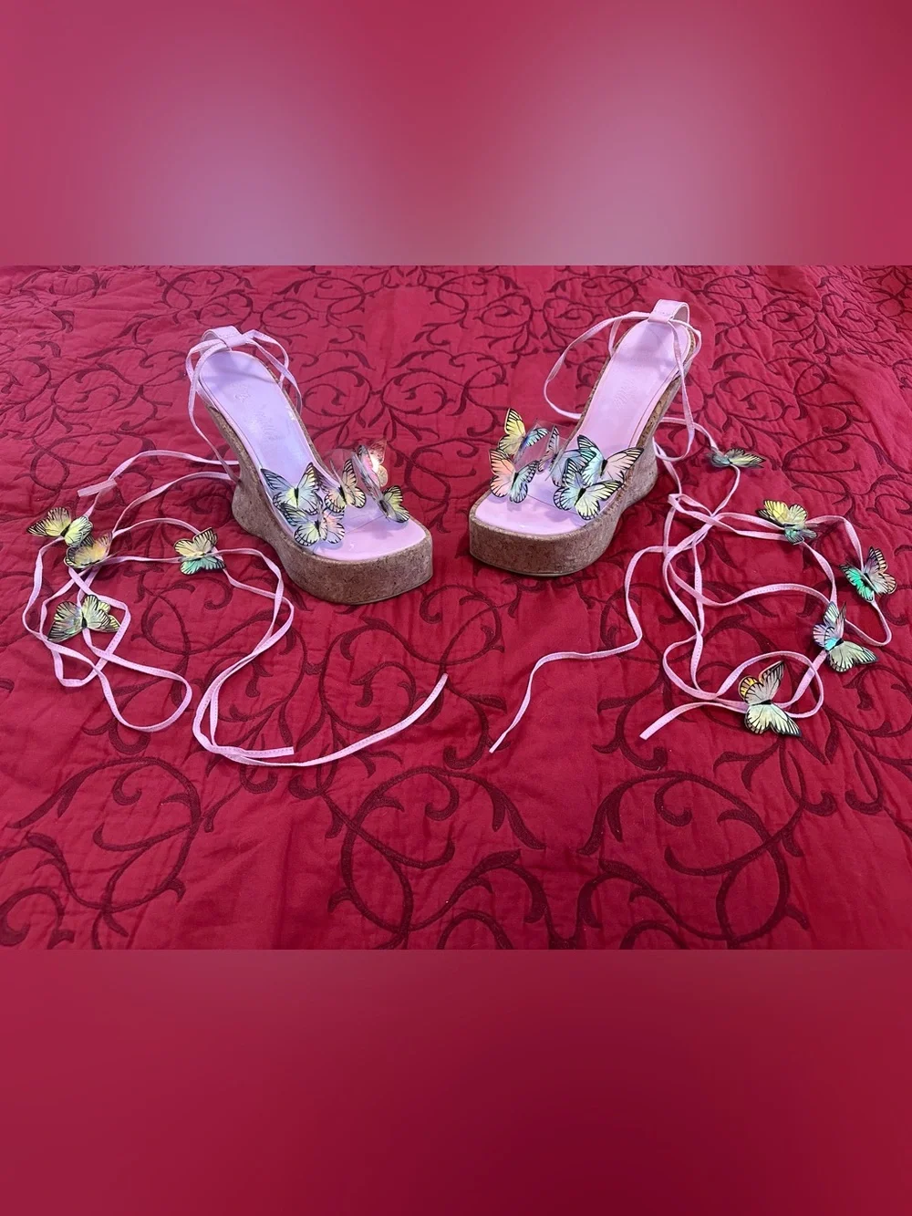 Sugar Thrillz Pink Butterfly Lace-Up Platform Wedges